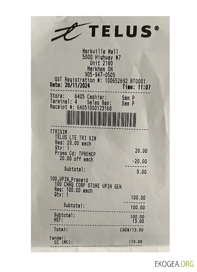 Reçu de paiement de l'entreprise Telus